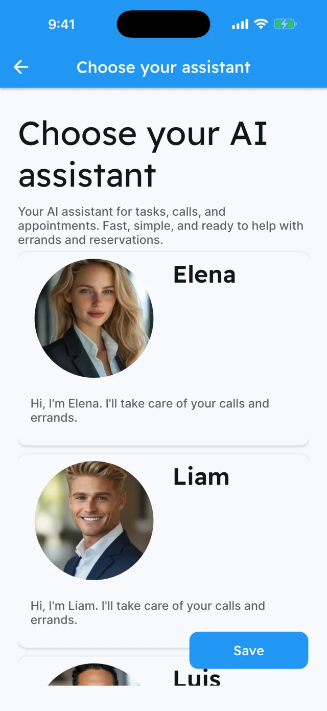 Choose your AI assistant: Elena, Liam and more