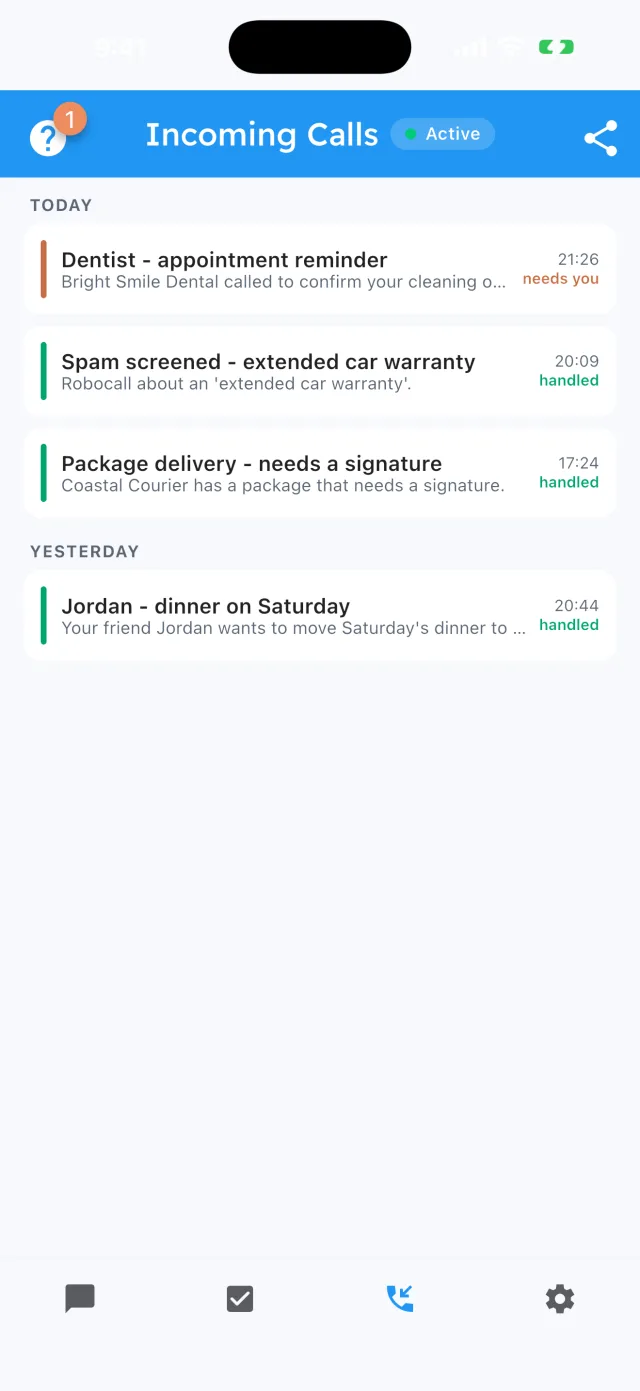 Assindo incoming calls list: a dentist reminder that needs you, spam screened, a package delivery handled