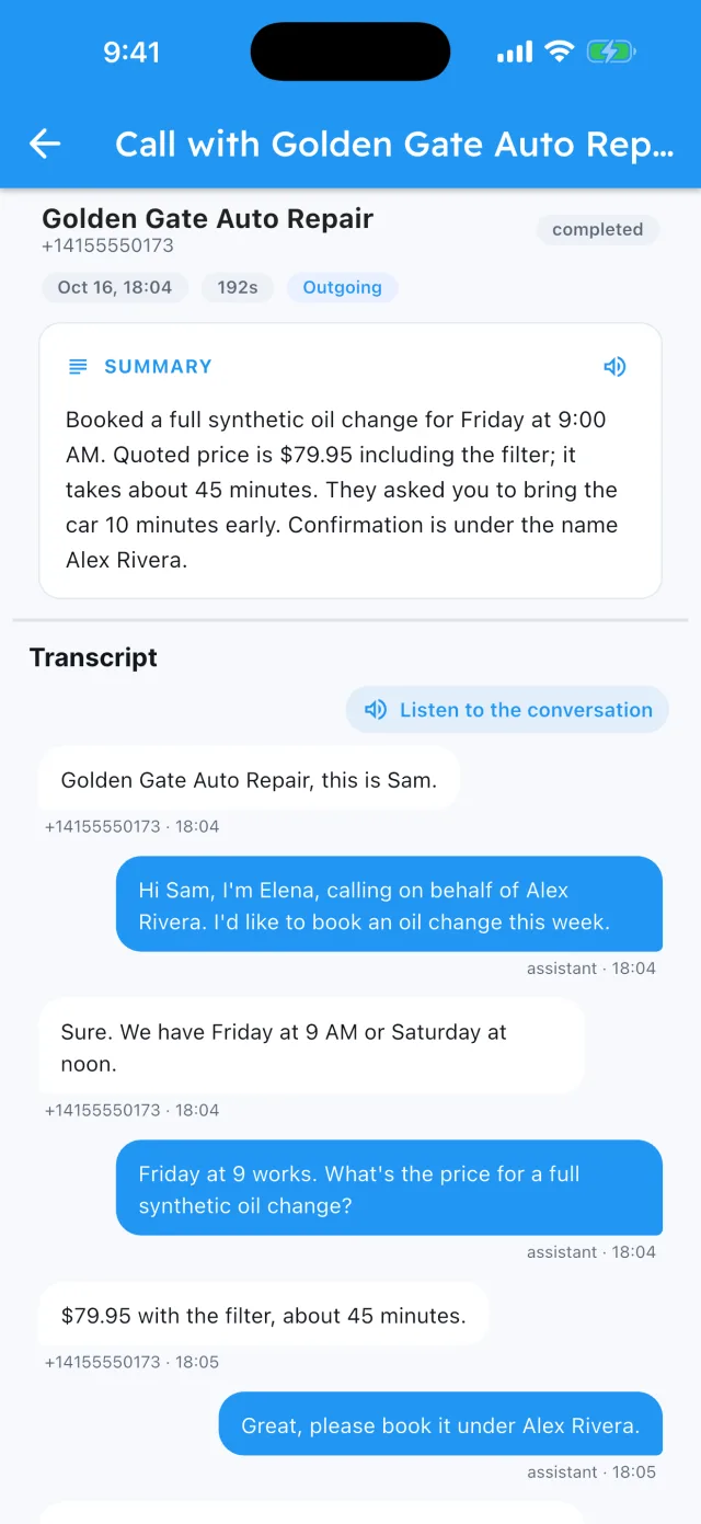 Summary of a call Assindo made to an auto repair shop: oil change booked for Friday at 9:00 AM, quoted $79.95