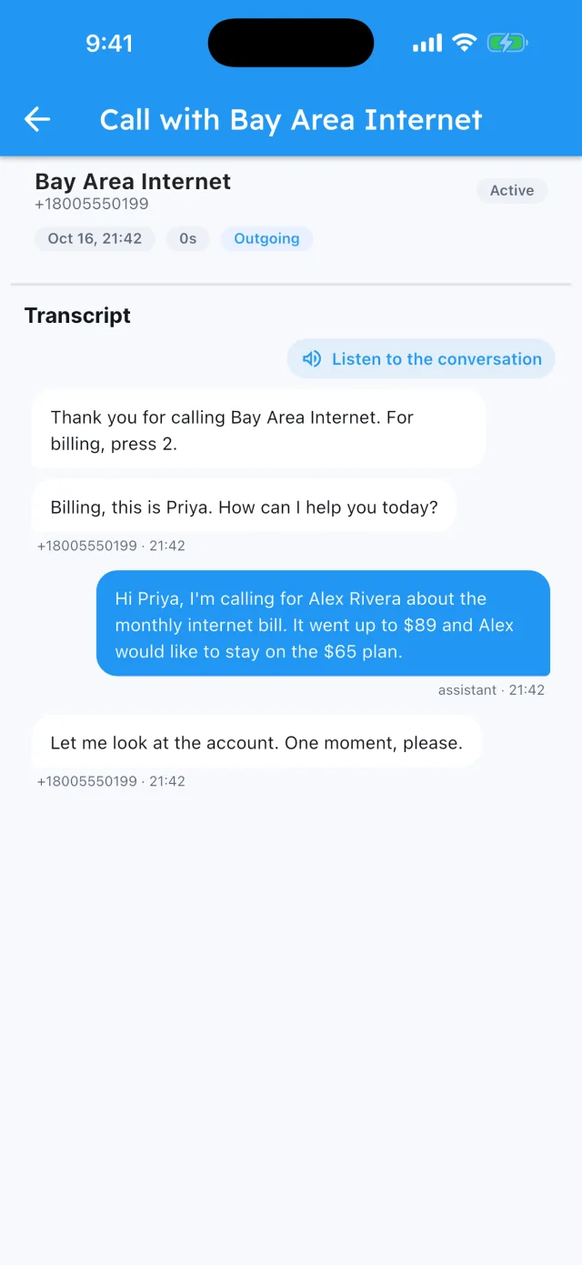 Live transcript: Assindo gets through a billing phone menu and asks to keep the $65 internet plan