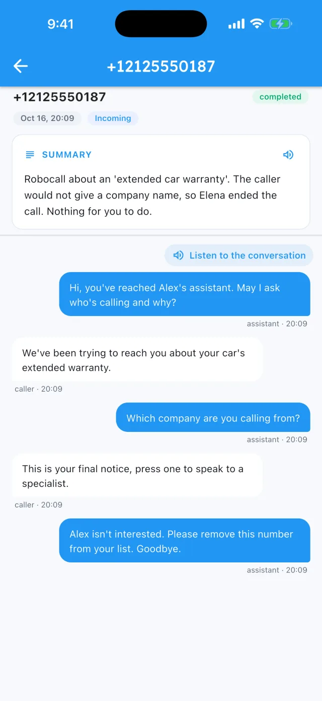 Assindo call summary: a robocall about an extended car warranty was ended, nothing for you to do