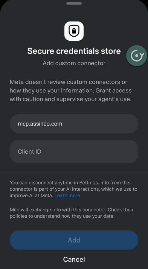 Muse Secure credentials store: Add custom connector with mcp.assindo.com and a Client ID field