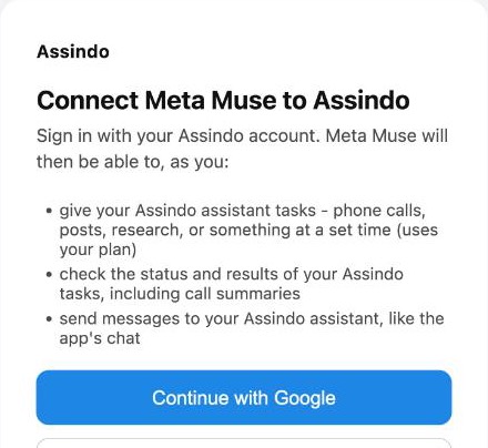 Assindo sign-in page: Connect Meta Muse to Assindo, listing tasks, results and messages